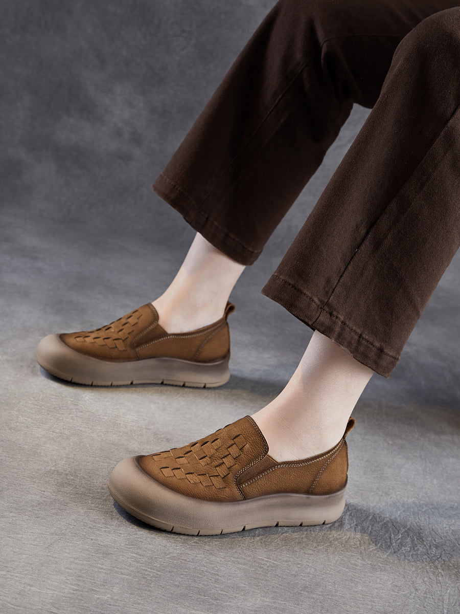Women Vintage Soft Leather Weave Flat Shoes