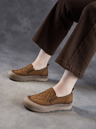 Women Vintage Soft Leather Weave Flat Shoes