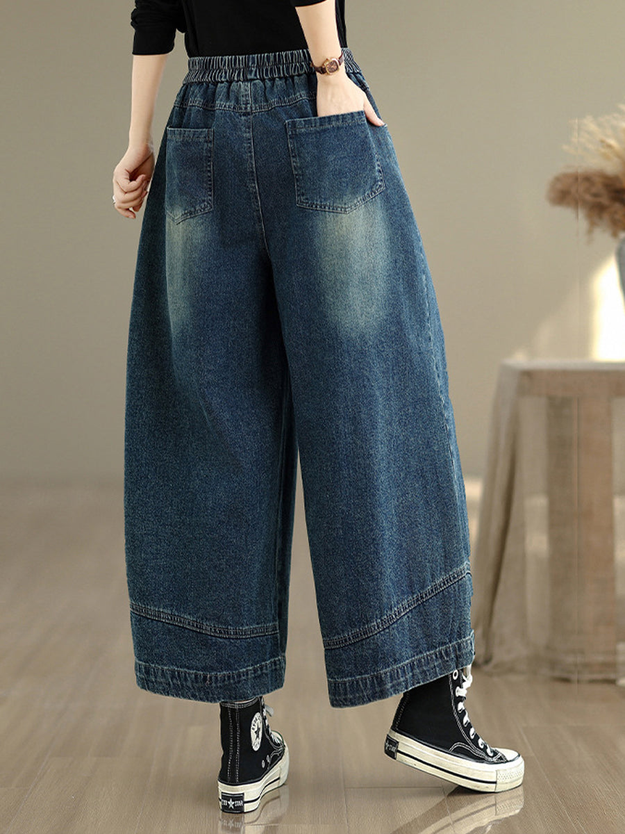 Women Autumn Retro Washed Denim Wide-leg Pants
