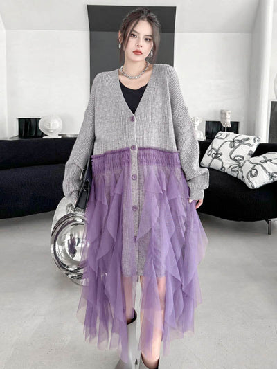 High-Low Irregularity Buttoned Contrast Color Mesh Pleated Ribs Split-Joint Collarless Cardigan Tops Outerwear