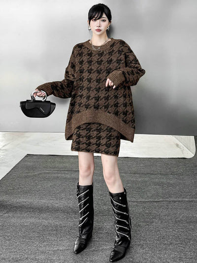 Contrast Color Split-Joint Ribs Shiny Swallow Gird/Houndstooth Round-Neck Sweater Tops + A-Line Elasticated Waist Skirts Bottoms  Two Pieces Set