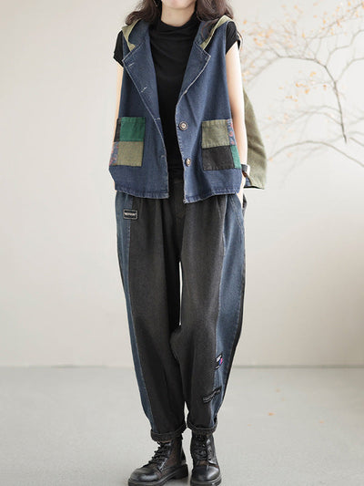 Artistic Retro Loose Denim Sleeveless Buttoned Contrast Color Hooded Vest Outerwear