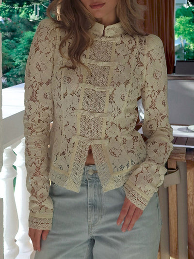 Long Sleeves Crochet Hollow Knot Solid Color Split-Joint Stand Collar Blouses&Shirts Tops