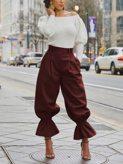 High Waisted Pleated Pockets Ruffle Trim Solid Color Pants