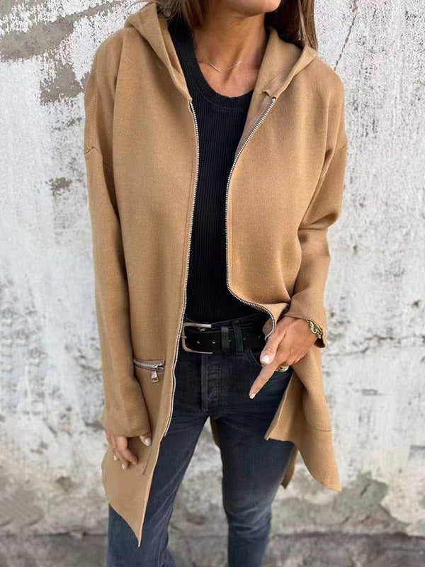 Hooded Long Sleeves Pockets Solid Color Split-Joint Zipper Outerwear