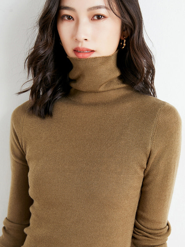 Simple Skinny Long Sleeves Solid Color High-Neck Sweater Tops Pullovers