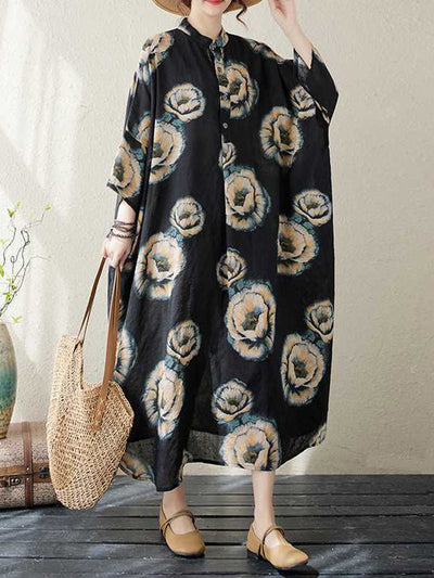 Loose Three-quarter Sleeves Buttoned Flower Print Stand Collar Midi Dresses