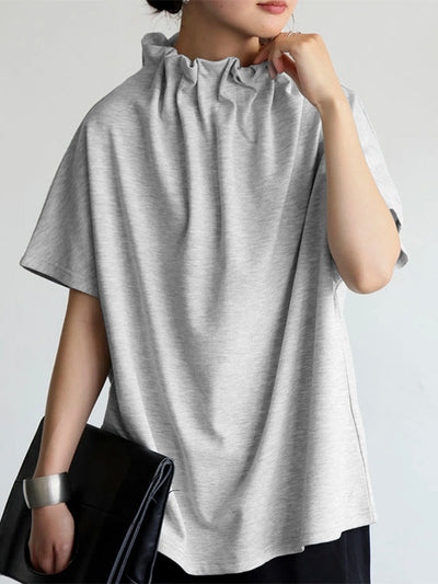 Loose Short Sleeves Solid Color Stand Collar T-Shirts Tops