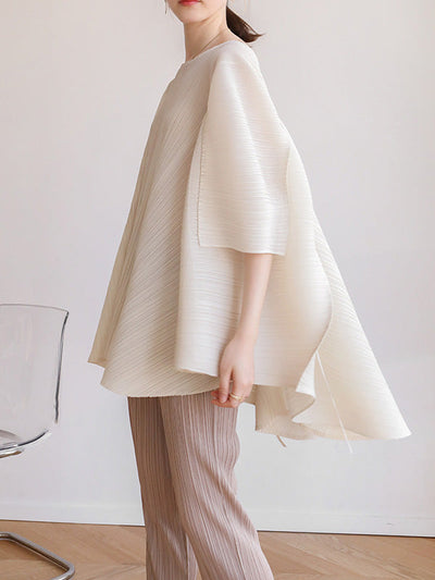 Simple Loose Long Sleeves Tied Pleated Solid Color Round-Neck T-Shirts Tops