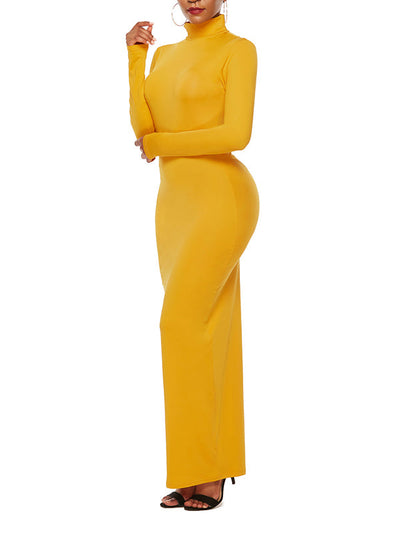 Bodycon Long Sleeves Solid Color High Neck Maxi Dresses