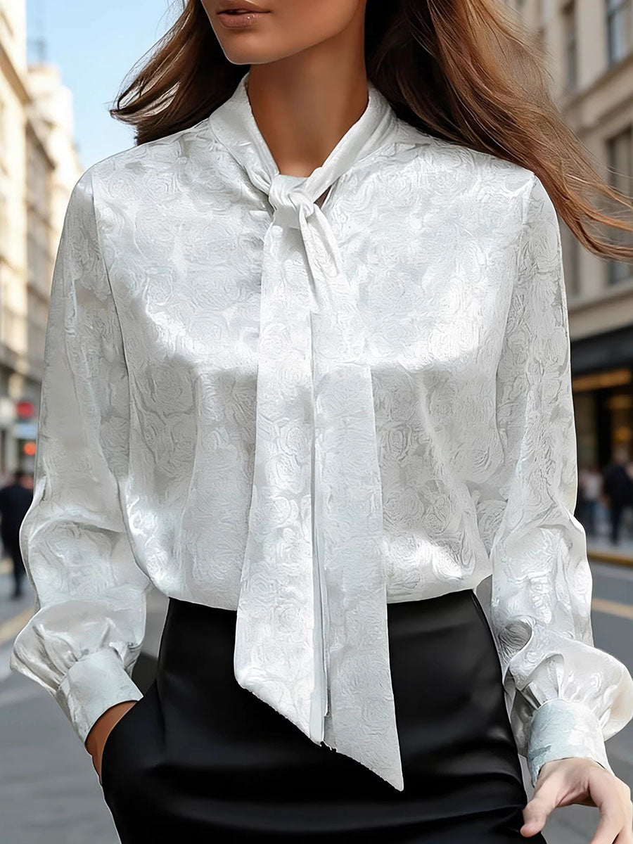 Long Sleeves Buttoned Flower Print Pleated Tied Lapel Collar Blouses&Shirts Tops