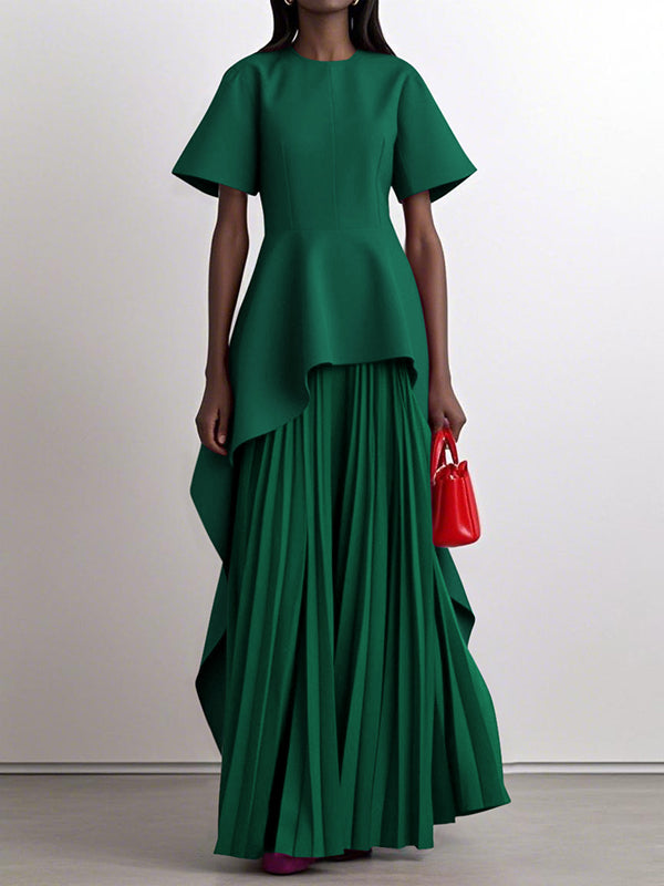 A-Line High Waisted Pleated Solid Color Split-Joint Round-Neck Maxi Dresses