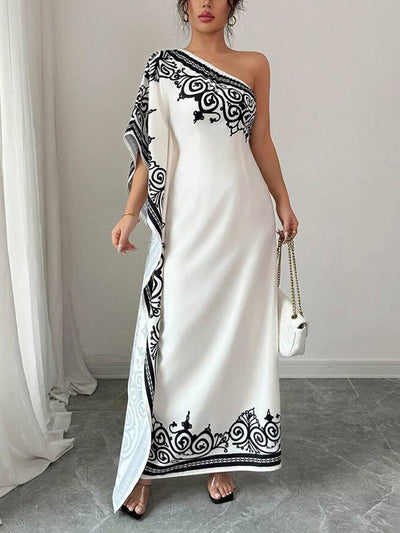 Batwing Sleeves Loose Asymmetric Elasticity Flower Print Pleated One-Shoulder Maxi Dresses