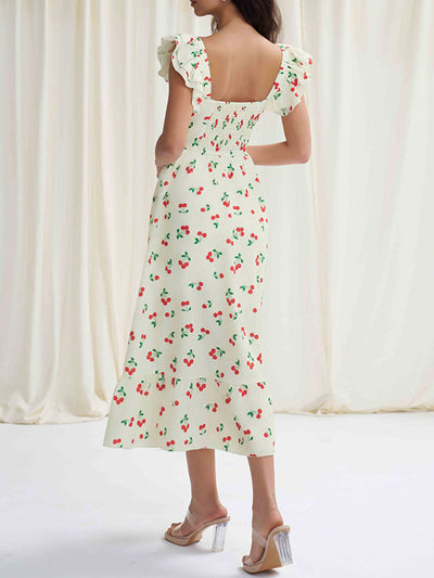 High Waisted Loose Buttoned Elasticity Flower Print Pleated Square-Neck Midi Dresses