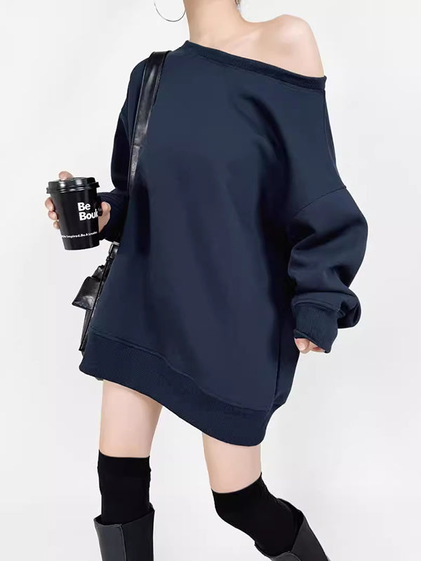 Long Sleeves Loose Solid Color Split-Joint Round-Neck Sweatshirt Tops