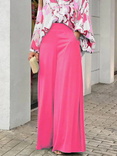 Original Contrast Color Blouse&Solid Wide Legs Pants 2 Pieces Set