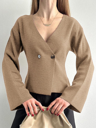Long Sleeves Buttoned Solid Color V-Neck Cardigan Tops
