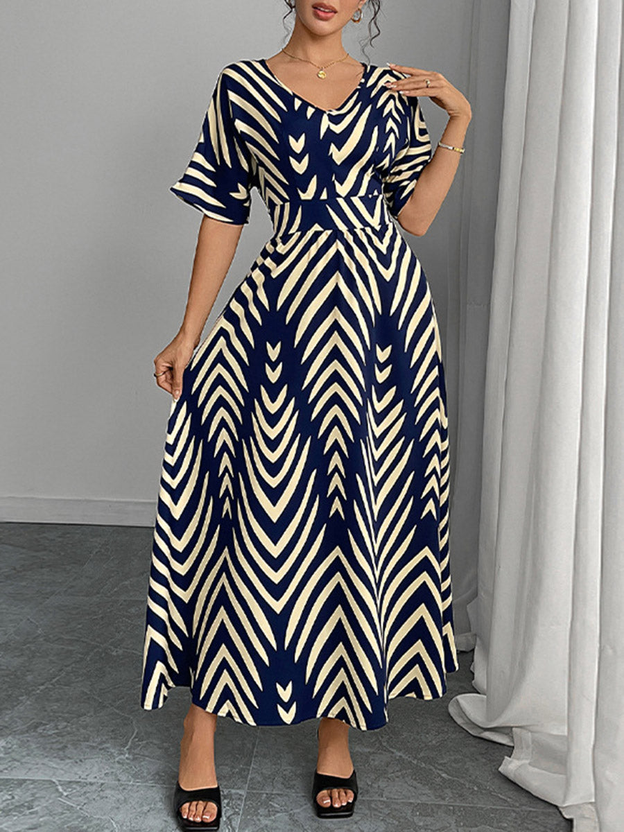 Elasticated Waist High Waisted Contrast Color Geometric Printed Split-Joint V-Neck Maxi Dresses