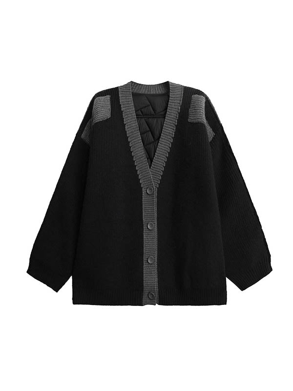 Long Sleeves Loose Buttoned Contrast Color Reversible Split-Joint Collarless Cardigan Tops Outerwear