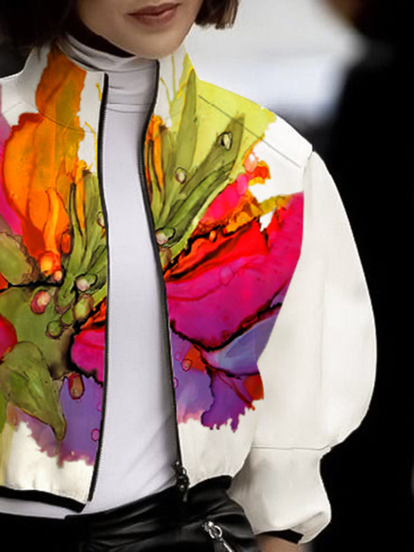 Loose Puff Sleeves Asymmetric Floral Printed Split-Joint High Neck Outerwear