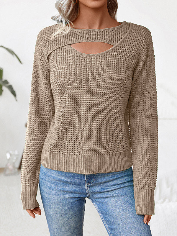 Long Sleeves Loose Hollow Solid Color Split-Joint Round-Neck Pullovers Sweater Tops