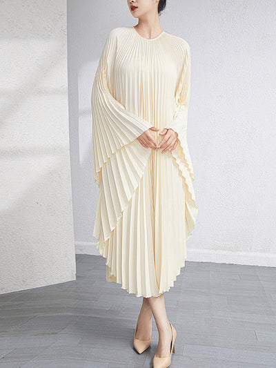 Batwing Sleeves Loose Pleated Solid Color Maxi Dresses