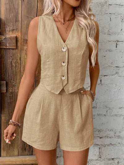 Sleeveless Split-Joint V-Neck Vest + High Waisted Pleated Shorts Two Pieces Set