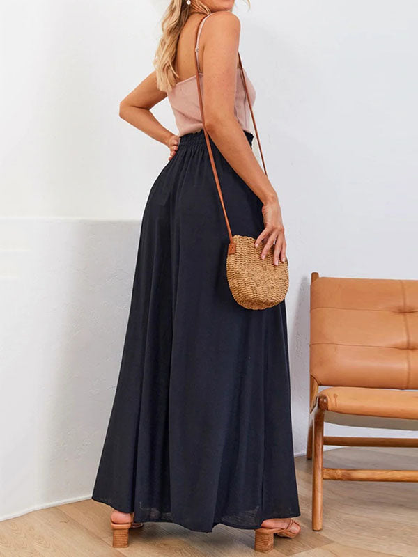 High Waisted Loose Drawstring Elasticity Pockets Solid Color Pants Trousers