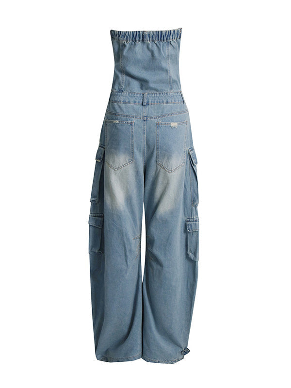 High Waisted Wide Leg Buttoned Hollow Pockets Split-Joint Tube Jumpsuits