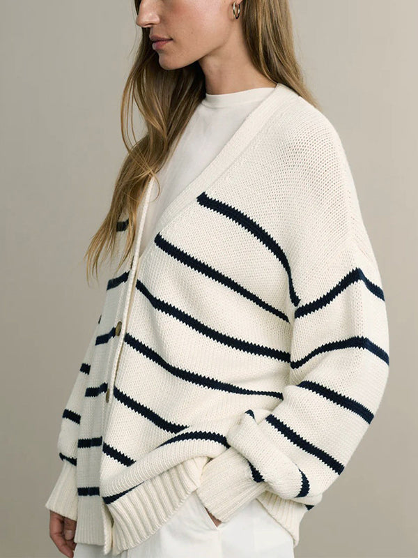 Long Sleeves Loose Split-Joint Striped V-Neck Cardigan Tops
