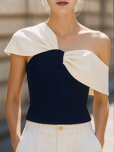 Loose Asymmetric Contrast Color Pleated Split-Joint One-Shoulder Blouses&Shirts Tops