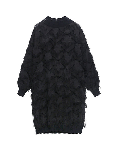 Irregularity Long Sleeves Asymmetric Mesh Pockets See-Through Solid Color Split-Joint Tasseled Stand Collar Midi Dresses