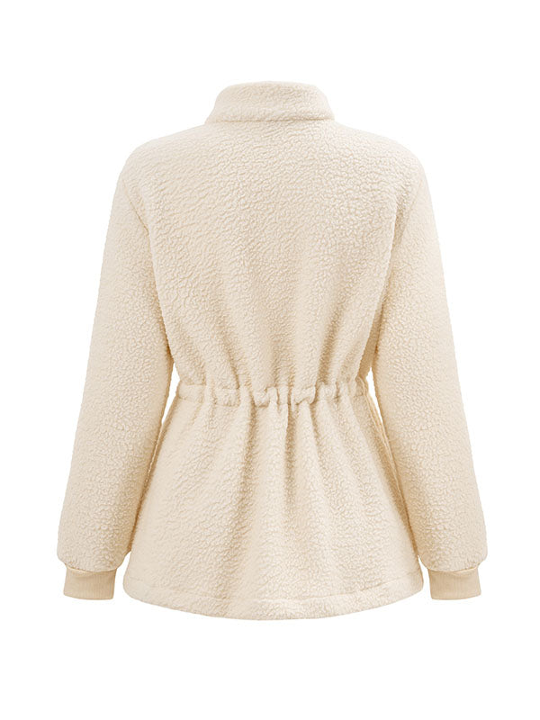 Long Sleeves Loose Drawstring Solid Color Velvet Zipper Stand Collar Outerwear