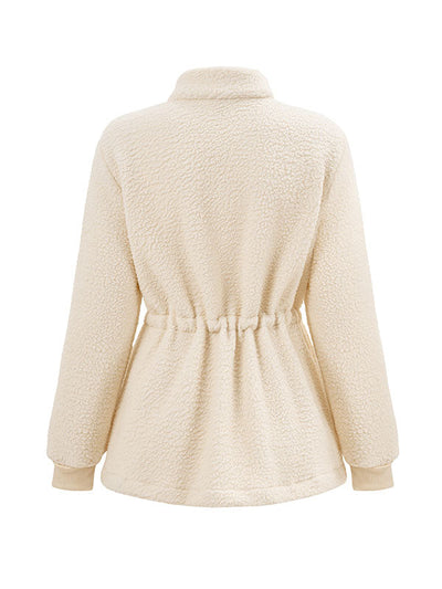 Long Sleeves Loose Drawstring Solid Color Velvet Zipper Stand Collar Outerwear