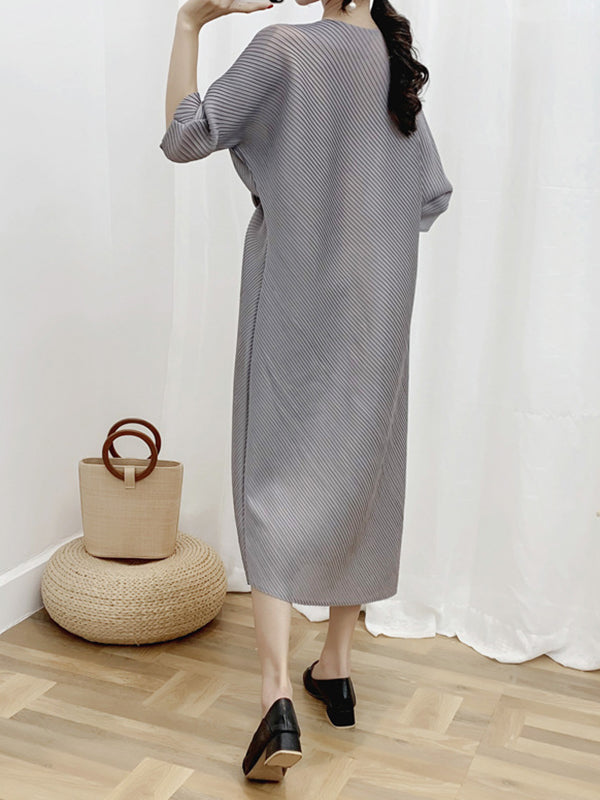 Half Sleeves Irregular Clipping Pleated Solid Color Round-Neck Midi Dresses