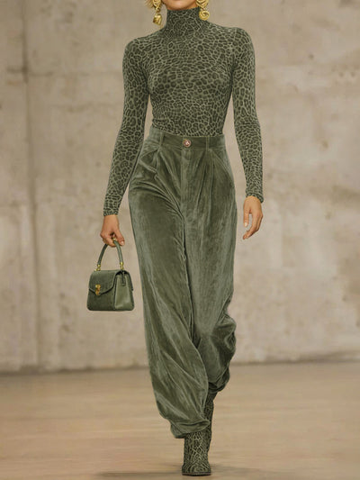 High Waisted Pleated Pockets Solid Color Velvet Pants Trousers