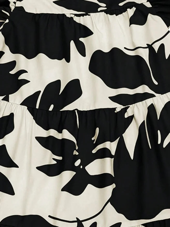 Loose Ruffle Sleeves Flower Print Pleated Round-Neck Midi Dresses