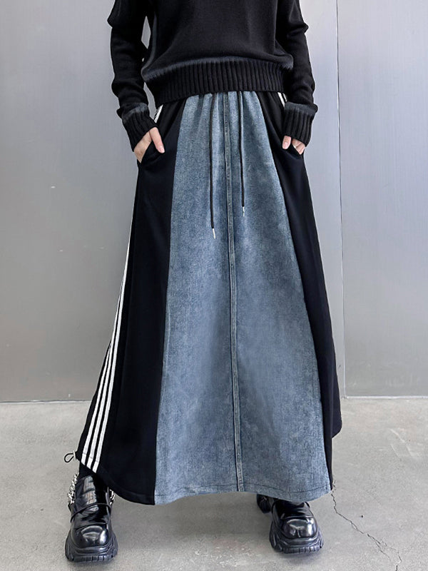 A-Line Loose Contrast Color Drawstring Split-Joint Striped Skirts Bottoms