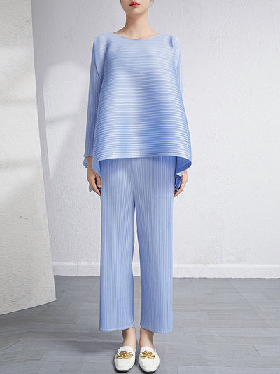 Loose Pleated Solid Color High-Low Round-Neck T-Shirts  + Pants Two Pieces Set