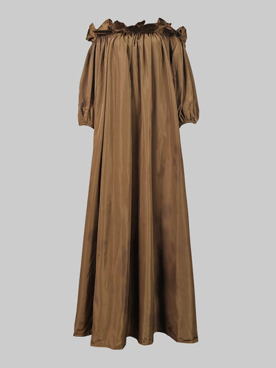 Loose Puff Sleeves Falbala Pleated Solid Color Off-The-Shoulder Maxi Dresses