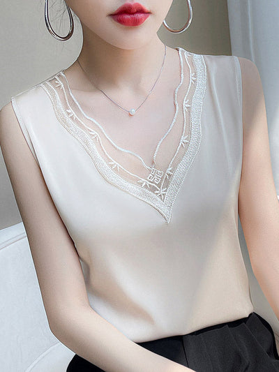 Loose Sleeveless Solid Color Split-Joint V-Neck Vest Top