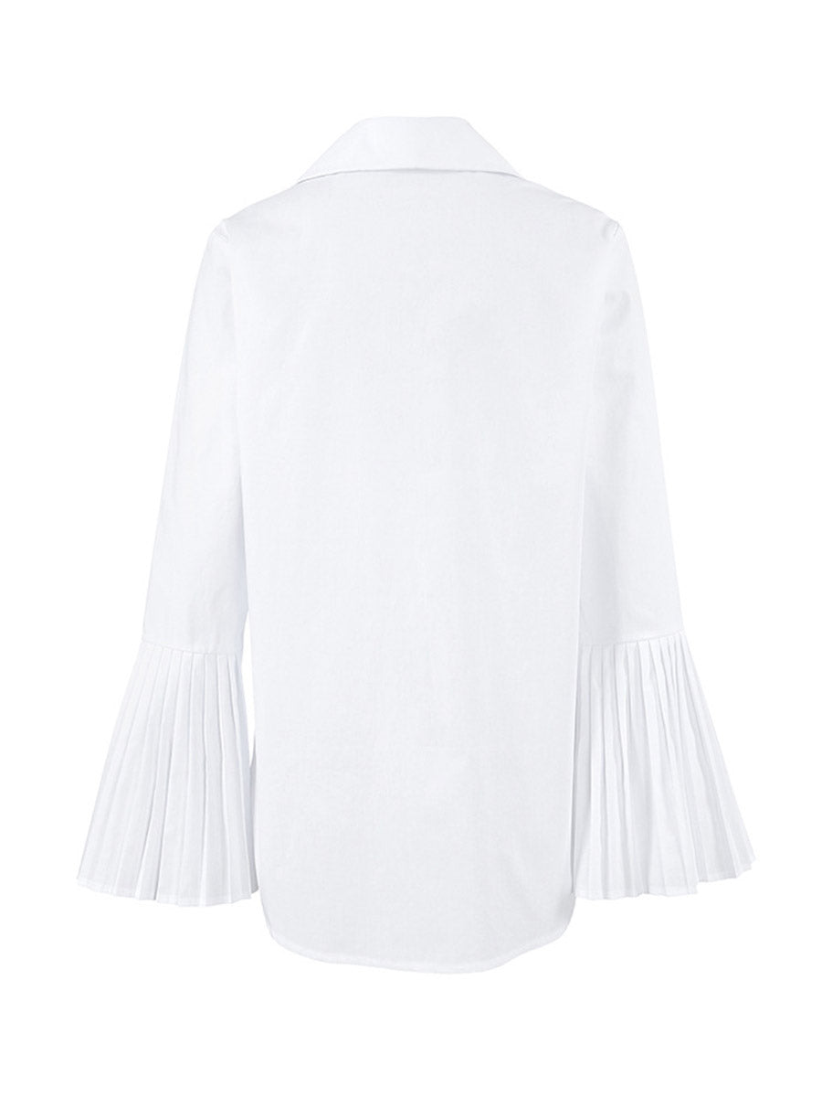 Flared Sleeves Long Sleeves Buttoned Hollow Pleated Solid Color Split-Joint Lapel Blouses&Shirts Tops