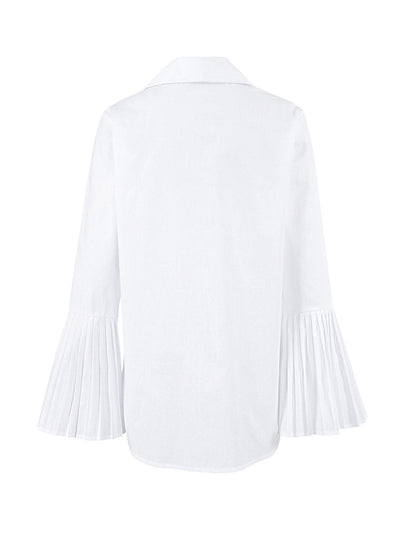 Flared Sleeves Long Sleeves Buttoned Hollow Pleated Solid Color Split-Joint Lapel Blouses&Shirts Tops
