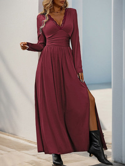 A-Line High Waisted Pleated Solid Color Split-Side V-Neck Maxi Dresses