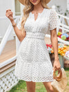 A-Line Loose Elasticity Hollow Pleated Solid Color Split-Joint V-Neck Mini Dresses