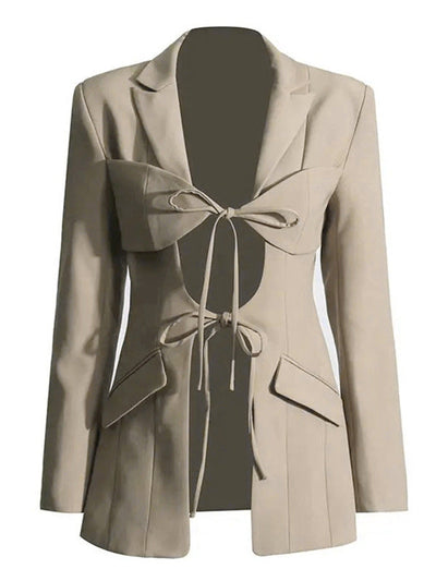 Long Sleeves Loose Pockets Solid Color Tied Notched Collar Blazer Outerwear
