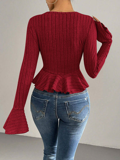 Flared Sleeves Long Sleeves Buttoned Ruffled Solid Color Split-Joint Deep V-Neck T-Shirts Tops