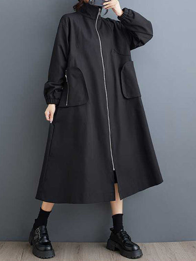 Long Sleeves Loose Elasticity Pockets Split-Joint Zipper High Neck Outerwear Trench Coats