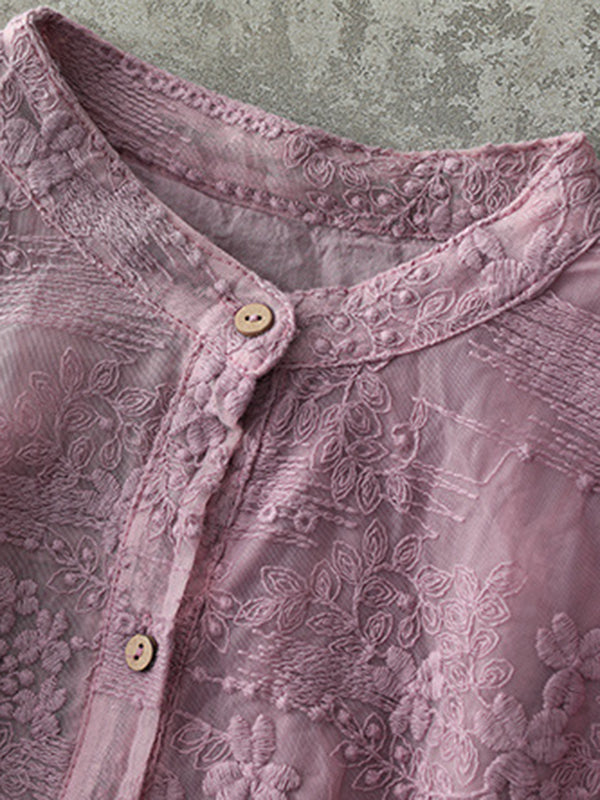 Vintage Loose Embroidered Lace Hollow Blouse