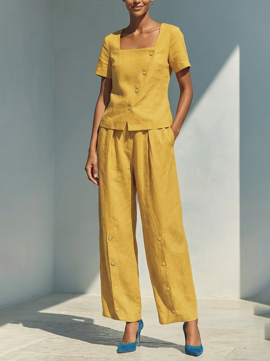 Loose Wide Leg Buttoned Pockets Solid Color Pants Trousers